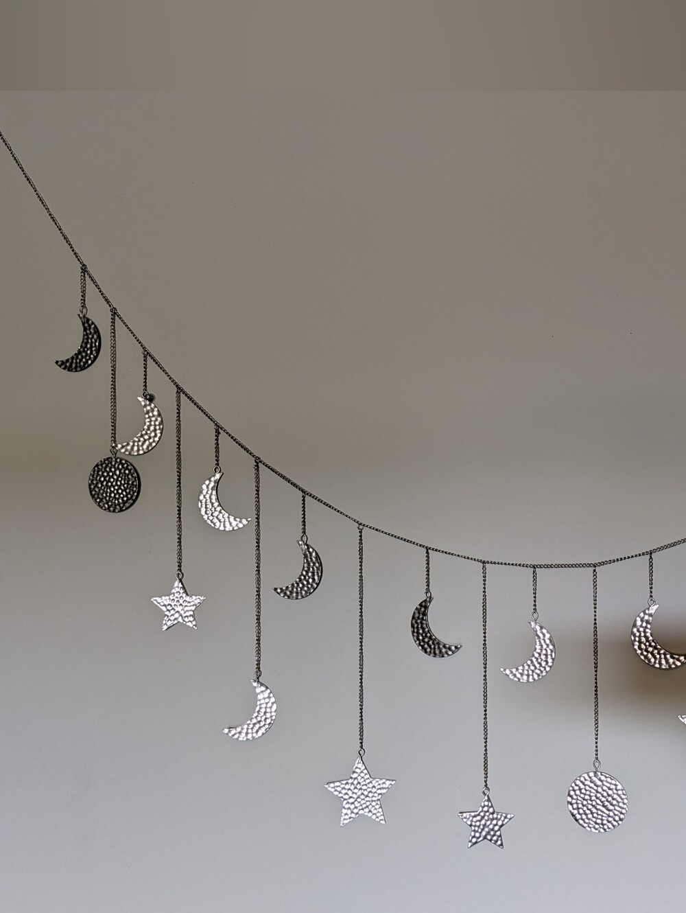 Celestial Silver Hammered Metal Moon & Star Phase Garland - Boho Wall Hanging